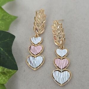 Gold Filled Tricolor Heart with Leaves Drop Earrings